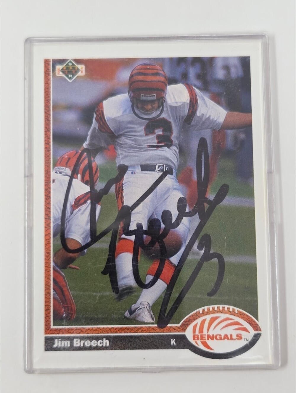 1991 Upper Deck Jim Breech Bengals Signed Football Card Kicker Auto NFL